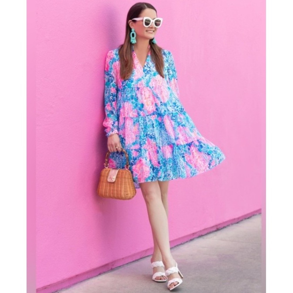 Pink & Blue Floral Tiered V-Neck Women’s Dress